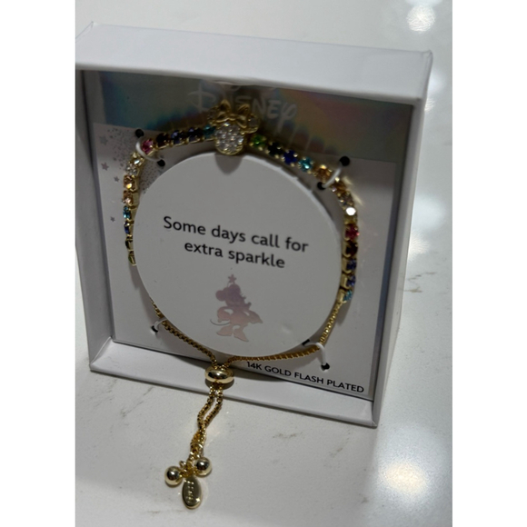 Disney Minnie Mouse Rainbow Crystal Bracelet – 14K Gold Flash Plated Adjustable - Picture 2 of 5